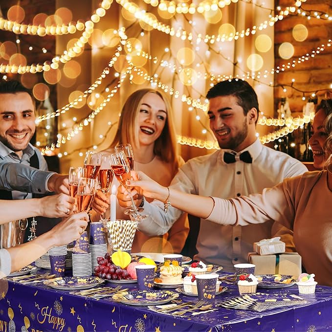 Funnymoom 452 Pcs Retirement Party Decorations Supplies Women Set Include Purple and Gold Retirement Paper Plates Napkins Cups Tablecloth Cutlery Straws for Men Women Say Goodbye Party