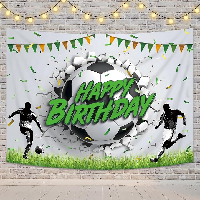 Soccer Happy Birthday Backdrop Football Theme Breaking The Wall Baby Party Banner for Kids Boys Photography Background Decoration Colorful Flags Green Grass Fabric Photo Shoot Studio Props