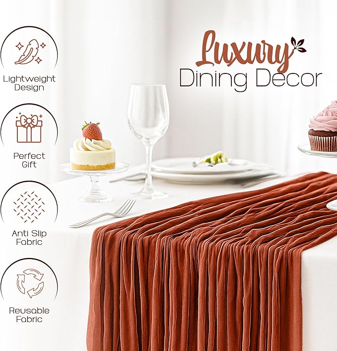 12 Pack Terracotta Cheesecloth Table Runners 10FT Long – 35 x 120 Inch Boho Gauze Table Runners for Engagement, Wedding, Baby Shower & Home Decor – Soft Wrinkled Polyester Fabric