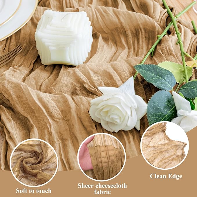 Wokceer Cheesecloth Table Runner 12Pack 10FT Khaki Boho Gauze Cheese Cloth Table Runner for Party Long Rustic Sheer Table Runners for Baby Bridal Shower Wedding Easter Table Decor