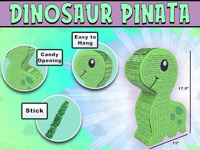 Jergrim Green Dinosaur Party Piñata with small stick – 16x11x3 inches, Perfect for Birthday Dinosaur Theme Parties, Party Decor, Roar T-rex and Jurassic kids theme decorations