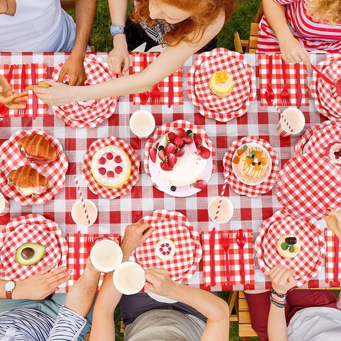 Funnymoom 452 Pcs Red Gingham Party Supplies for 50, Red and White Gingham Checkered Paper Plates Napkins Cups Tablecloth Cutlery Straws for Birthday Family Picnic Camping Barbecue Party Decoration