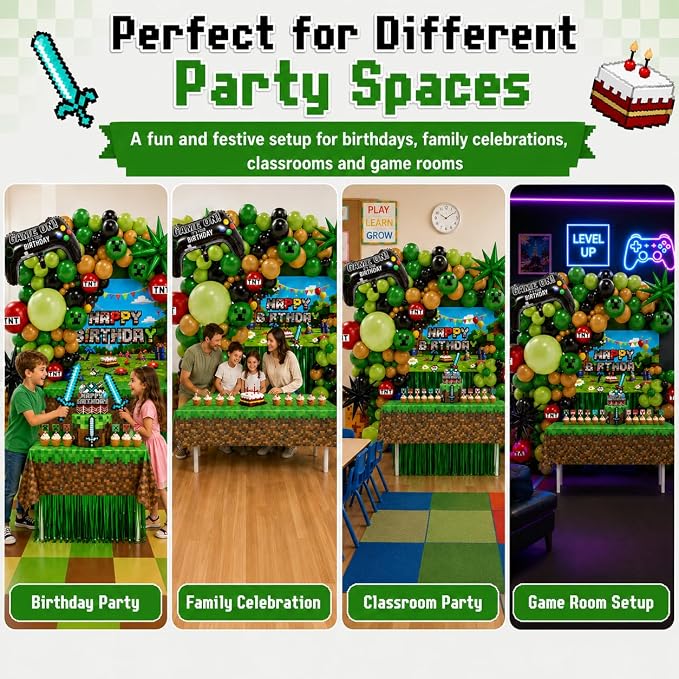 Pixel Game Birthday Party Decorations, “Game On” Pixel Theme Party Supplies Kit for Boys & Girls —131 Pcs Balloons, Backdrop, Curtain, Table Cover, Cake Toppers