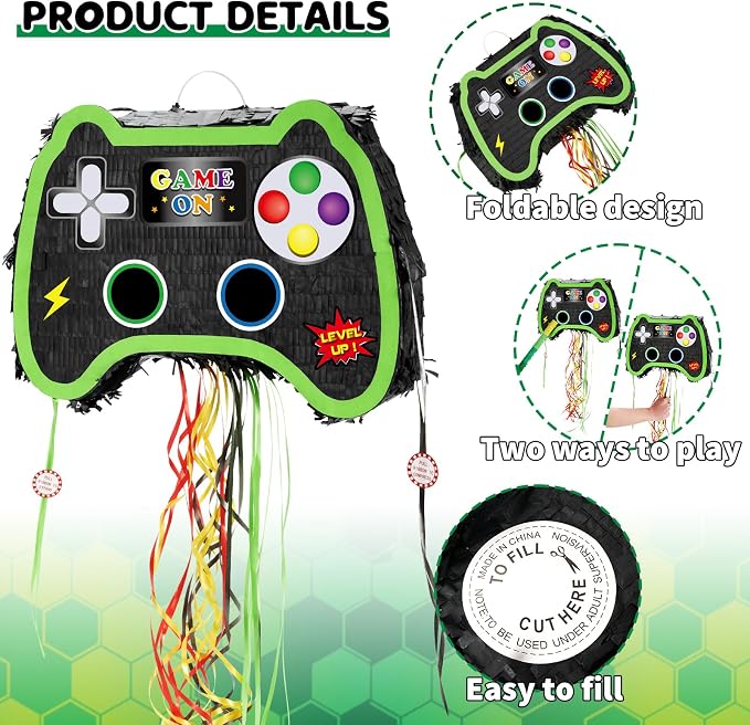 WERNNSAI Foldable Video Game Piñata - Pull String Gaming Birthday Party Supplies Extendable Piñata with Blindfold Bat and Tassels Game On Birthday Party Decoration Folding Piñatas for Classroom Game