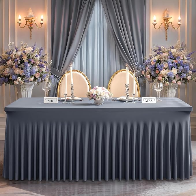 Wish Care 2 Pack Gray Spandex Table Clothes for 8 Foot Rectangle Tables, 8FT Wrinkle Free Fitted Tablecloths Ruffles Design Table Cover for Party, Banquet, Wedding and Events
