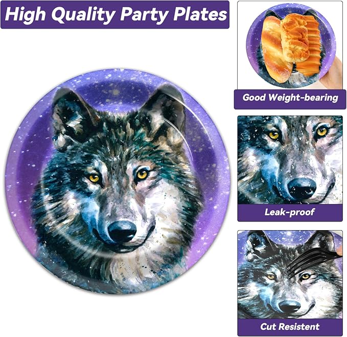50 Guests Wolf Plates and Napkins Party Supplies Wolf Birthday Party Decorations Disposable Tableware Set Galaxy Animal Themed Dinnerware Favor for Kids Baby Shower Decorations, 200PCS