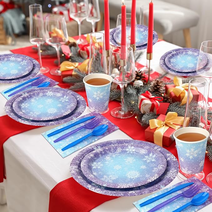 Winter Snowflake Paper Plates and Napkins Set, Blue and Purple Snowflake Winter Wonderland Disposable Tableware for Christmas Winter Holiday New Year Birthday Party Supplies Decorations, Serve 25