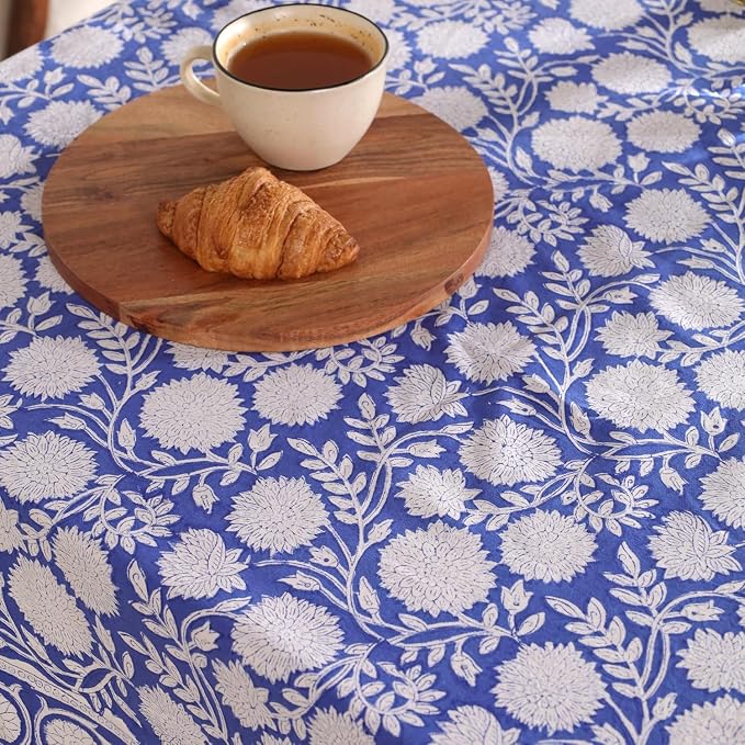 Hand Block Printed Tablecloth, Colorful Floral Print, Indian Artisan Handmade Art, Dining Room, Kitchen, Outdoor Décor, (Cloudy Blue Grace, 12 Seater 72 x 135 Inches Rectangle)