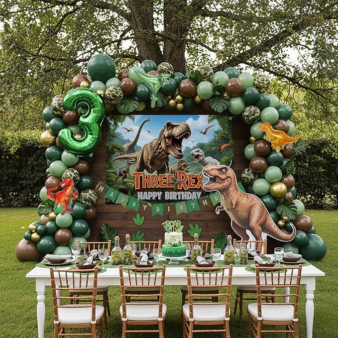 T-Rex Dinosaur Birthday Decorations include Hunter Green Brown Gold balloon arch & small Dino Foil balloons & banner backdrop & footprint stickers for Kids Boys Jungle Safari Dino 3rd Party Supplies