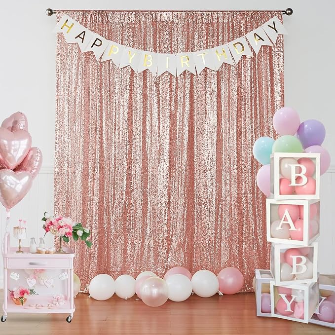 Sugargirl Rose Gold Sequin Backdrop Curtain 4FTx8FT Glitter Rose Gold Background Drapes Sparkle Photography Backdrop for Party Wedding Birthday Wall Decoration(1 Panel)