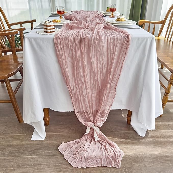 IVAPUPU 1 Pcs Cheesecloth Table Runner - 10ft Dusty Pink Boho Gauze Cheese Cloth Table Runners for Baby Shower Decoration Wedding Party Summer Garden Farmhouse Decor