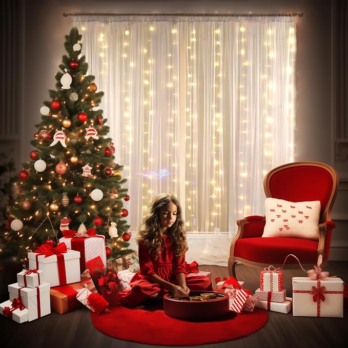 10ft x 8ft White Backdrop Curtains with Lights String for Parties, Sheer Tulle Wedding Photo Backdrops Drapes for Baby Shower Birthday Party Decorations Background for Photography