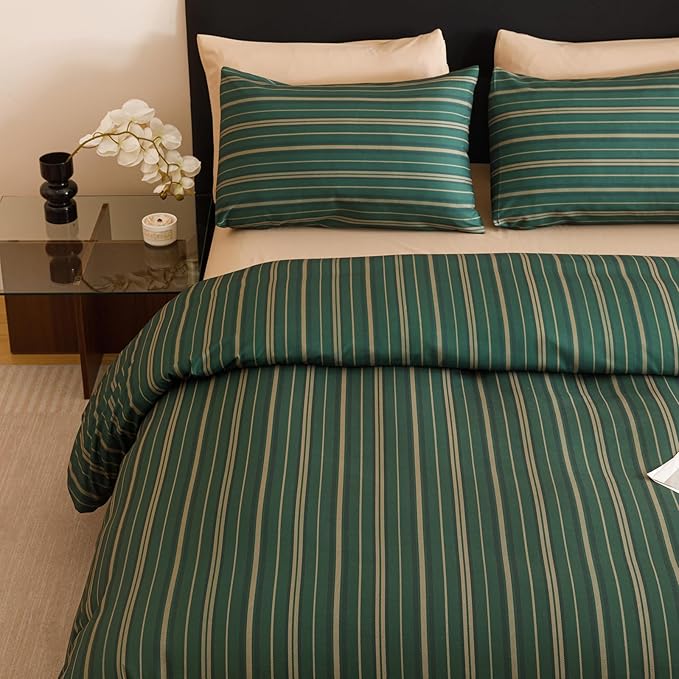 KAREVER Green Stripes Comforter Queen Vertical Ticking Striped Dark Green Bedding Set Durable Chic and Stylish Bedroom Set