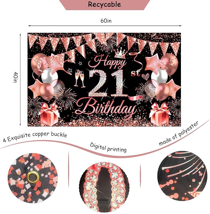 Happy 21st Birthday Decorations for Her, Black Rose Gold 21 Years Old Decor for Women Include Sash and Crown, 30pcs Balloons Banner 40" Number Balloons, Backdrop Cake Topper & Paper Pom Poms