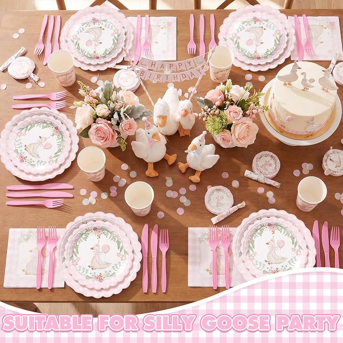Zhehao 350 Pcs One Silly Goose Birthday Party Tableware Set Scalloped Pink Gingham Baby Shower Plates Cup Napkins Forks for Birthday Party Decorations Supplies for 50 Guests