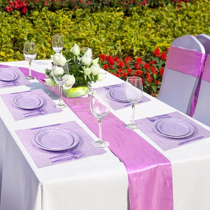 Hushee 350 Pcs 50 Guests Pastel Purple Paper Party Plates and Cups Napkins Sets Holographic Glitter Disposable Dinnerware Plastic Forks Knives Spoons Birthday Bachelorette Wedding Party Supplies