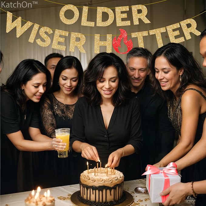 KatchOn Glitter Gold Older Wiser Hotter Banner - NO DIY | 10 Feet Funny Decorations