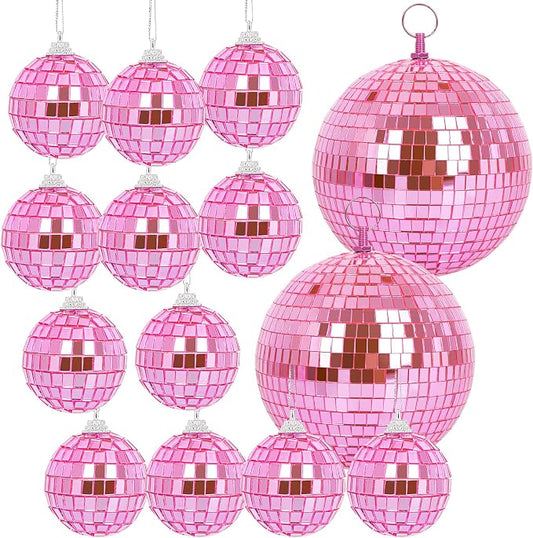 Mirror Balls, MUZTOP 14 Pack Disco Ball Ornaments Hanging Disco Mirror Ball for DJ Stage Club Wedding Holiday Home Party Decor, 6 Inch, 2 Inch (Pink)