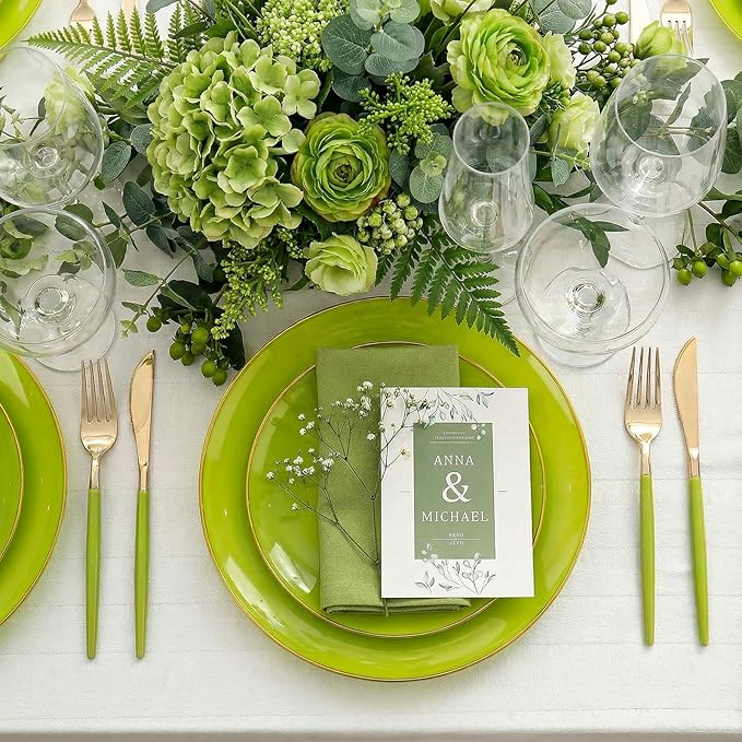 DaYammi 150Pcs Lime Green Plastic Plates & Gold Cutlery with Green Handle,green Disposable Plates with Gold Rim Include 30 Dinner Plate,30 Dessert Plate,30 Knives,30 Forks,30 Spoons for Party Dinner
