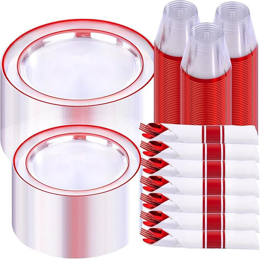 I00000 350 Pcs Red Plastic Dinnerware Set for 50 Guests,Clear Red Plates Set Include: 100 Plates, 50 Cups, 50 Per Rolled Napkins with Cutlery for Wedding & Party