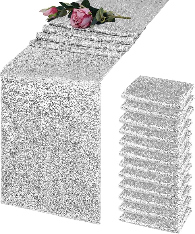 12 Pack Silver Sequin Table Runner 12x108 Inch, High Density Sparkly Glitter Table Runners for Wedding Reception, Birthday Party, Banquet, Baby Shower, Silver Metallic Shimmering Decor