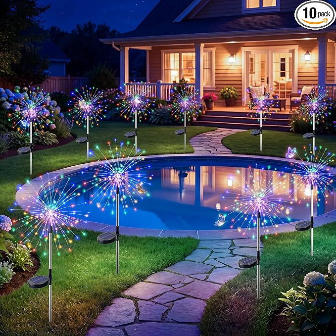 btfarm 10 Pack Solar Garden Lights Outdoor, 8 Modes Firework Lights Solar Powered, Waterproof Twinkle Fairy Light Outside for Yard Patio Pathway Pool Christmas Party Decorative, Multicolor