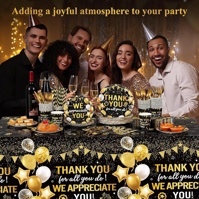 Funnymoom 452 Pcs Black Gold We Appreciate You Decoration for 50, Thank You Paper Plates Napkins Cups Tablecloth Set for Administrative Professional Day Employee Teacher Volunteer Appreciation Supply