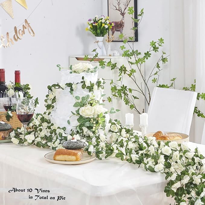 PONKING 6 Pcs x 8.2 ft Flower Garland Artificial Rose Vine Flowers with Green Leaves Hanging Fake Roses Vine for Room Party Home Wedding Birthday Christmas Wall Arch Decor, Spring White Flower