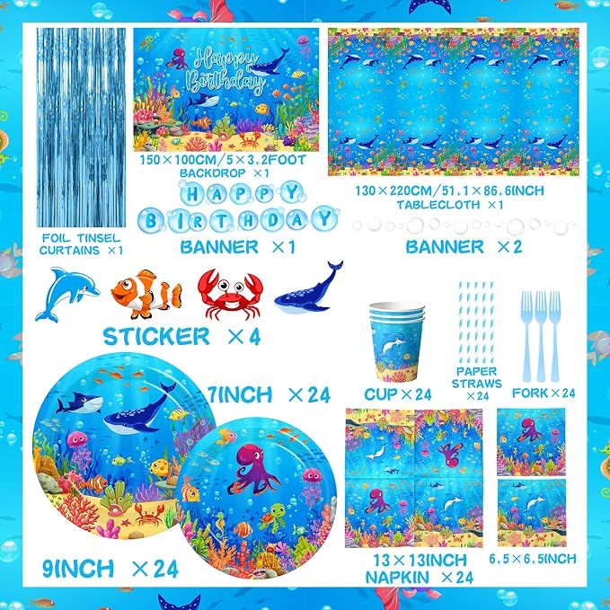 Under The Sea Party Decorations,282pcs Ocean Themed Party Decorations With Under The Sea Plates and Napkins Cups Tablecloth Ocean Backdrop Balloon Arch Cake Toppers For Sea Party Decorations