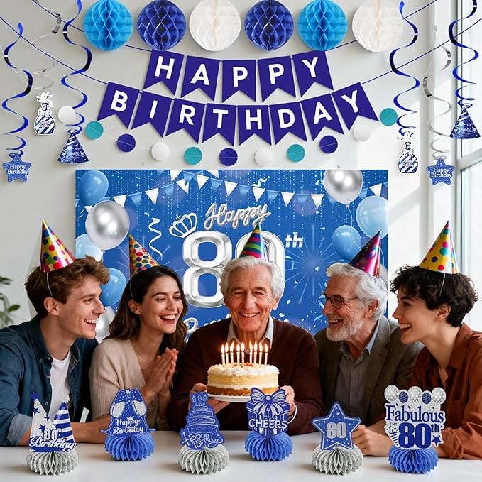 Happy 80th Birthday Party Decoration: Including Birthday Banner Backdrop, Party Table Centerpieces and Hanging Swirl Party Streamers, Birthday Decor for Men and Women (Blue, 80th Birthday)