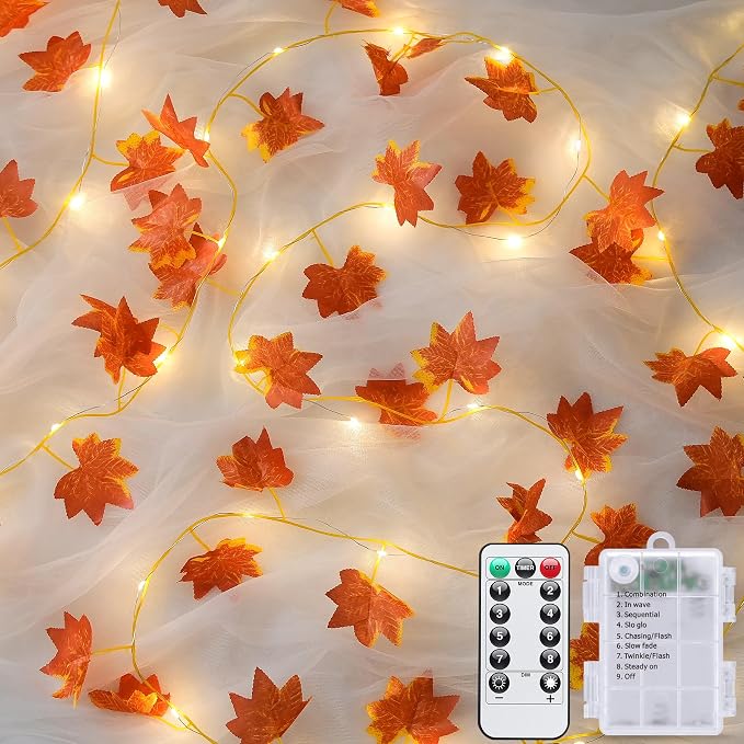 JMEXSUSS 48 LED Maple Leaf Lights, Battery Operated, 15.75 FT, Warm White | Fall Garland with Lights, Fall Lights Indoor, Vine with Fairy Lights, Indoor for Thanksgiving, Room, Autumn, Fall Home Decor