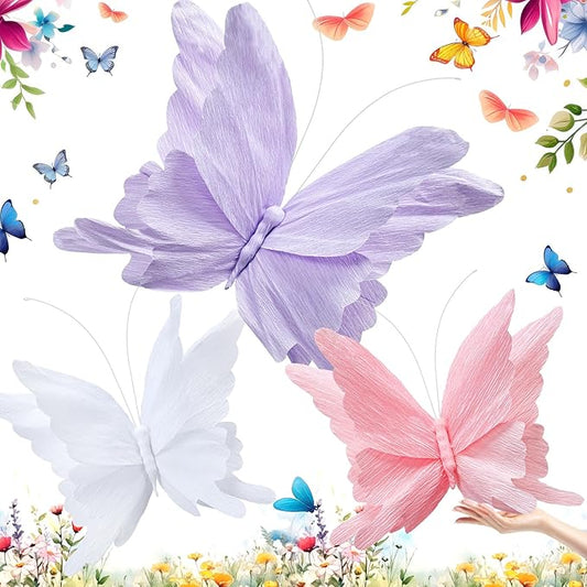 3 Pcs Large Butterfly Party Decorations Hanging 3D Crepe Paper Butterfly Decoration Mariposas Grandes para Decoracion for Wedding Party Birthday Baby Shower Garden(Purple, Pink, White,11inch,20 Inch)