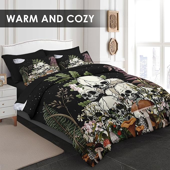 Pamnest Comforter Set King Size, Mushroom Plant 7 Pcs Bedding for Kids and Adults, Skeleton Spooky Retro Bed Sheet Sets with Fitted Sheet 2 Pillowcases & 2 Shams for Bedroom Bed Decor
