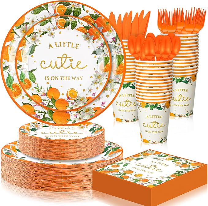 350 Pcs Little Cutie Baby Shower Decorations a Little Cutie Is on The Way Tableware Set, Plates Napkins Cups Dessert Forks Disposable Supplies for 50 Guests, Cute Orange Party Decoration