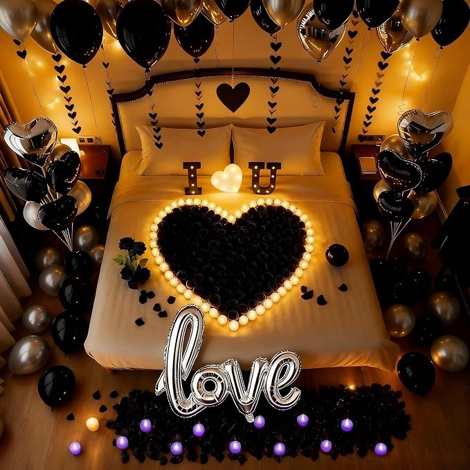 Realspring Black and Silver Balloons Hotel Room Decor for Special Night Happy Romantic Anniversary Decorations Artificial Rose Petals with Heart Lights Kit for Proposal Engagement Birthday
