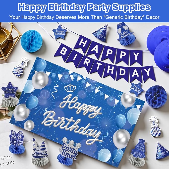 Happy Birthday Party Decoration Set: Including Birthday Banner Backdrop, Party Table Centerpieces and Hanging Swirl Party Streamers, Birthday Decor Suppliers for Men and Women (Blue, Happy Birthday)