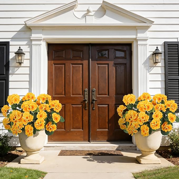 Ouddy Decor Artificial Geranium Flowers for Outdoors, Fake Silk Flowers UV Resistant Faux Geraniums for Vase Planter Garden Patio Balcony Porch Indoor Outdoor Spring Summer Home Decor, 6 Pcs Yellow