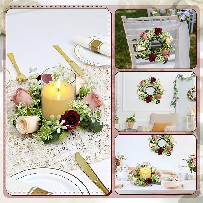 6 Sets Rose Candle Rings Wreaths - Artificial Flowers Rings with Green Leaves LED Flameless Candles for Centerpiece Wedding Home Banquet Party Decor, Burgundy Pink Champagne
