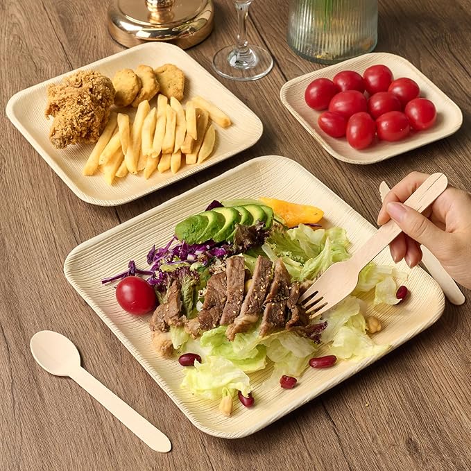ECOLipak 10 Inch Compostable Palm Leaf Plate Like Bamboo Plate and 300 Count Disposable Wooden Knives