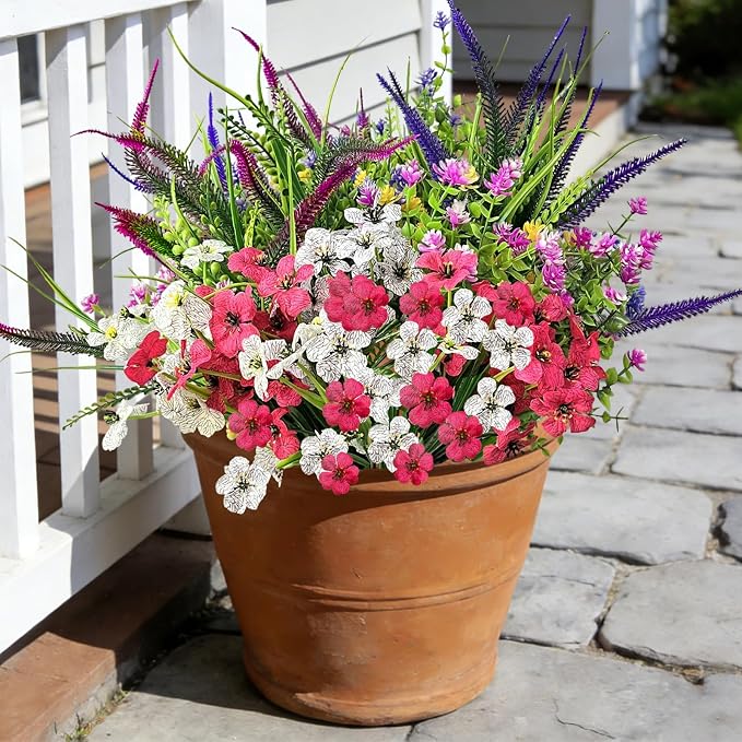 Artificial Flowers for Outdoor,18 Bundles UV Resistant Fake Plants for Outside Window Box Porch & Hanging Planters-Realistic Plastic Faux Flowers for Garden Patio Wedding Decor (Magenta,Purple,Red)