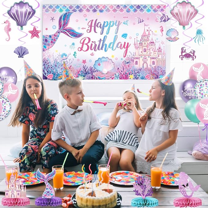 Mermaid Birthday Decorations – Includes Banner, Backdrop, Foil & Latex Balloons, Hanging Swirls, Cake & Cupcake Toppers, Honeycomb Centerpieces for Girls Mermaid Party Decorations