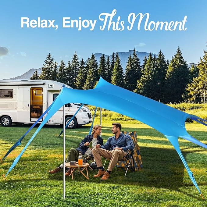 Rhino Valley Beach Tent, 10 x 13 FT Beach Shade UPF50+ Protection, Beach Canopy with 8 Sandbags 4 Stability Poles,Outdoor Beach Tent Sun Shelter Umbrella for Sand,Camping,Fishing Essentials, Sky Blue