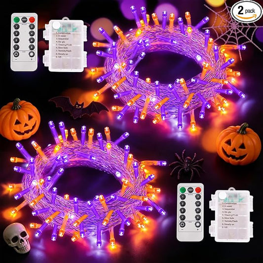 QITONG 2 Pack Battery Operated Halloween Lights, Each 33ft 100 LED Orange and Purple String Lights Outdoor Waterproof with Remote, Clear Wire Christmas Twinkle Lights with 8 Modes Indoor