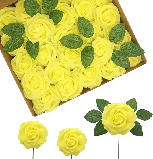 JOYLEX Artificial Flowers Realistic Roses, 50pcs Real Looking Fake Roses with Stem for DIY Wedding Bouquets Centerpieces Bridal Shower Party Home Romantic Decorations (Yellow)