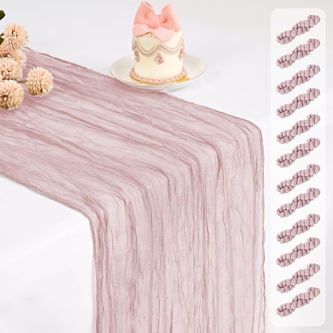 12 Pack Cheesecloth Table Runner,Dusty Pink Table Runner Long Romantic Semi Sheer Rustic Boho Gauze Table Runners for Wedding Bridal Shower Birthday Party Decorations(17.7×108 Inch)