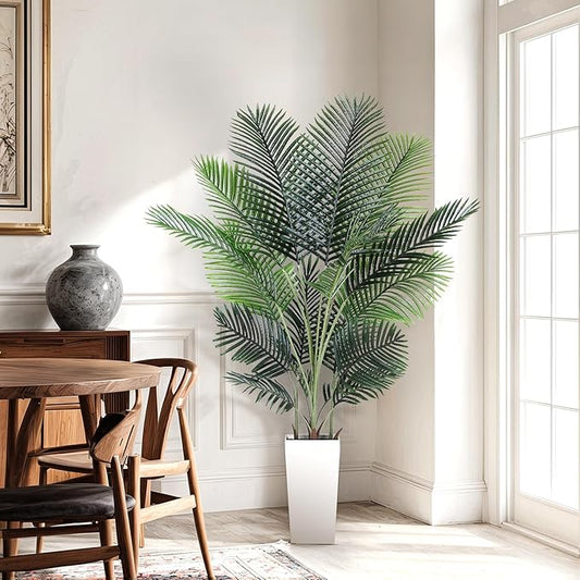 Jocoevol Artificial Areca Palm Tree 6FT Fake Potted Plant Faux Silk Tropical Areca Palm Real Bark Design, Large Artificial Plant in Tall White Pot for Home Living Room House Warming Floor Decor