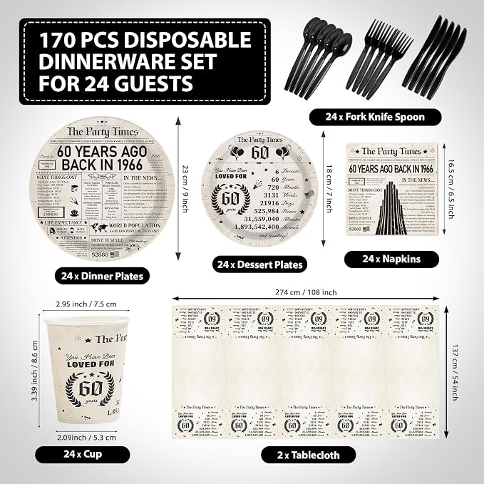 170Pcs 60th Birthday Party Decorations Vintage Back in 1966 Plates Napkins Cups Forks Knives Spoons Tablecloths for Men Woman 60 Years Old Birthday Anniversary Party Supplies Serves 24