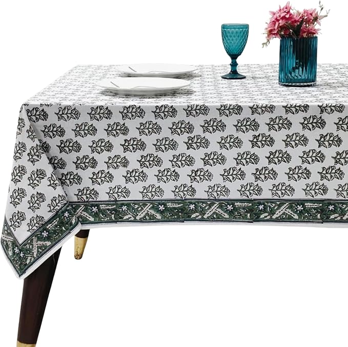 Ridhi Evergreen Grace Hand Block Print Cotton Rectangle Tablecloth 108" x 60" inches Reusable Table Cover Decorative Everyday Use for Dining Room, Farmhouse, Home Gift for Spring, Mother's Day