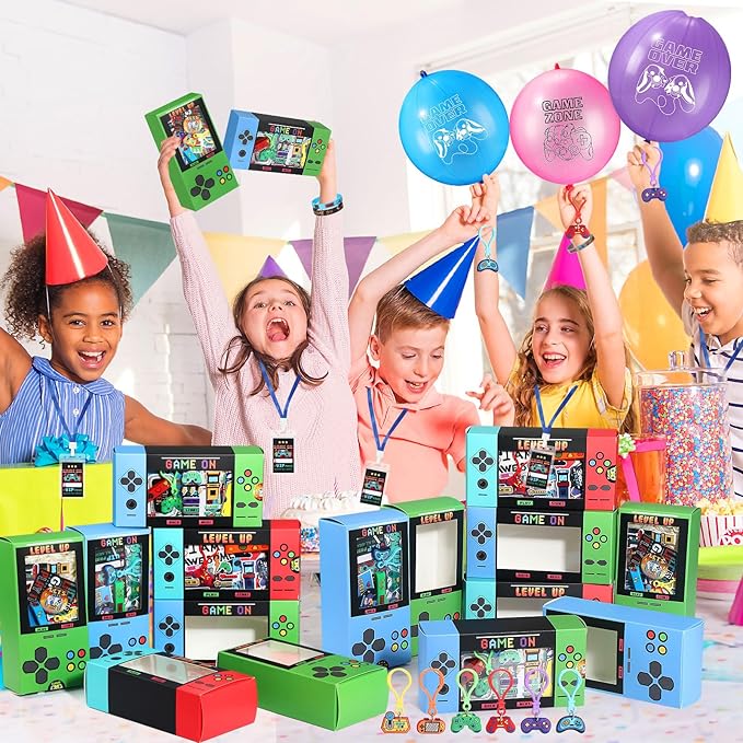 243 Pcs Video Game Party Favors for Kids Gamer Goodie Bag Stuffers Gaming Birthday Party Supplies with Gift Boxes, VIP Pass, Balloons, Bracelets, Keychains, Badges, 3D Stickers (Colorful)