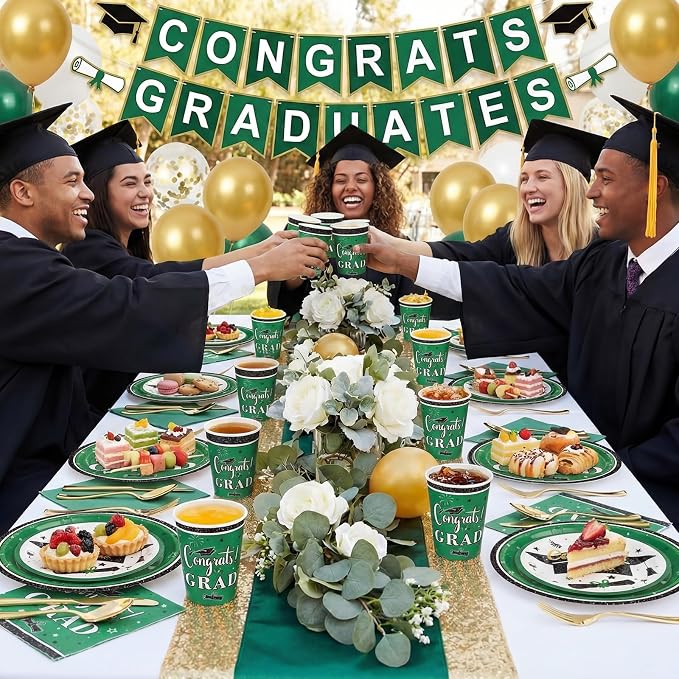 Domensi 400 Pcs 2026 Graduation Decorations Plates and Napkins and Cups Set Serve 50, Green and White Graduation Party Supplies, Class of 2026 Paper Tableware 9oz Cup Knife Fork Spoon Congrats Grad
